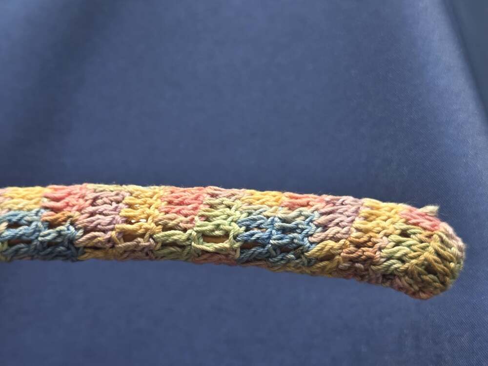 Vtg Crochet Covered Hanger Multicolored Pastel Yarn Handcrafted Wood Metal Hook - Picture 5 of 6